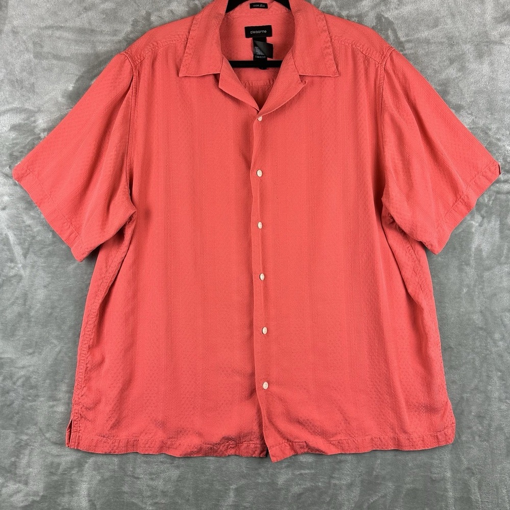 Claiborne Button Up Shirt Men's XL Coral Red Orange 100% Silk Jacquard Pattern